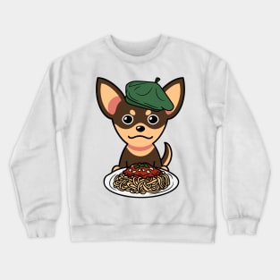 Cute small dog eating spaghetti Crewneck Sweatshirt